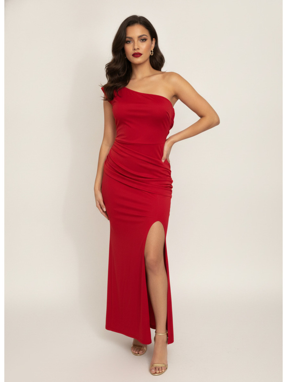 NIB Elegant Red One-Shoulder Evening Dress with Side Slit